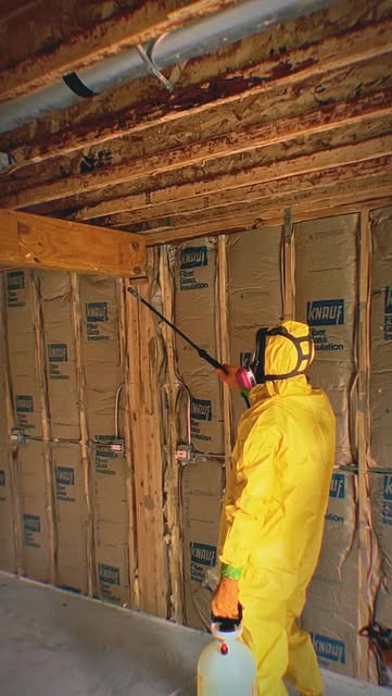 A Rapid Mold technician working at exposed wall and ceiling framing
